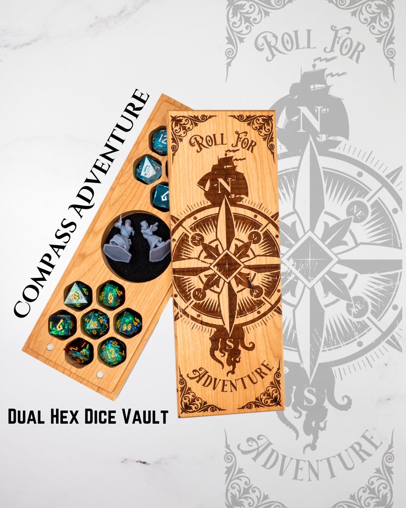 talonclaw's tweet photo. Set a course for excitement with Compass Adventure, a swashbuckling vault design inspired by old pirate maps, complete with a sailing ship and lurking tentacles. 
#woodworking #dice #dicevault #dnd #dndart https://t.co/7GbcFVygXP