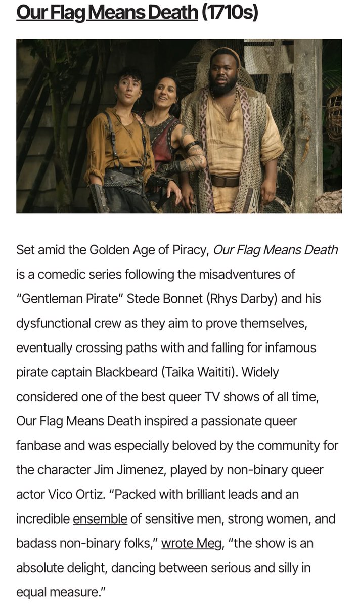 adoptourcrew's tweet photo. “Widely considered one of the best queer TV shows of all time… #OFMD is an absolute delight, dancing between serious and silly in equal measure.”

#OFMD is one of 15 historical LGBTQ+ shows reminding us that queer people have always been here 🏳️‍🌈🏳️‍⚧️🏴‍☠️

https://t.co/6ljMCFPGh3 https://t.co/42MD1qfphK