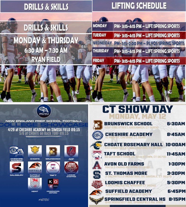 Coach Jon Wholley (@jonathanwholley) on Twitter photo 🗓️Spring Recruiting will rev up this week!
🦫 <a href="/AOF_Football/">AOF Football</a>
↘️Work Outs
🏈Drills & Skills - M/TH- 6:30 AM
🏋️ Lifts - M/Tu- 3-4 PM Th/Fri-4-5 PM
🍿Showcase Schedule
⚪️Tu 4/29 – 615p <a href="/CAcatsFB1794/">Cheshire Academy Football</a>
⚪️Tu 5/6 – 615p <a href="/CRHFootball/">Choate Rosemary Hall Football 🐗</a>
⚪️Mon 5/12 – 1:30p Show Day 🗓️Spring Recruiting will rev up this week!
🦫 <a href="/AOF_Football/">AOF Football</a>
↘️Work Outs
🏈Drills & Skills - M/TH- 6:30 AM
🏋️ Lifts - M/Tu- 3-4 PM Th/Fri-4-5 PM
🍿Showcase Schedule
⚪️Tu 4/29 – 615p <a href="/CAcatsFB1794/">Cheshire Academy Football</a>
⚪️Tu 5/6 – 615p <a href="/CRHFootball/">Choate Rosemary Hall Football 🐗</a>
⚪️Mon 5/12 – 1:30p Show Day
