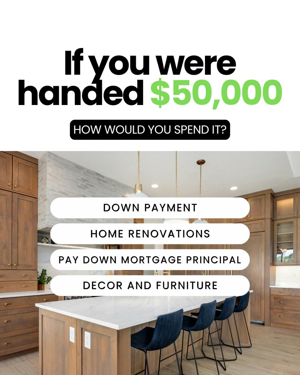 tomspaniel's tweet photo. 💰 You just got $50,000.
What’s your move?
Would you:
 🏡 Put it toward a down payment?
 🔨 Finally start that kitchen reno?
 📉 Knock down your mortgage balance?
 🛋️ Upgrade your space with new decor and furniture?

There’s no wrong answer—just different strategies depending on your goals.

📊 Want help figuring out what would make the biggest impact on your future?
 Drop your choice below (A, B, C, or D) 👇
 Then let’s talk about how to make every dollar count

#mortgage #homebuyer #preapproval