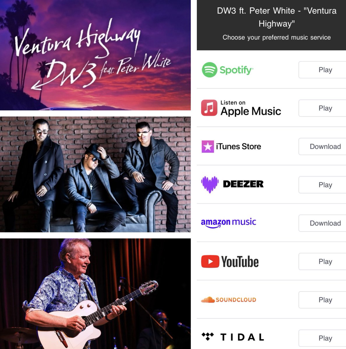 Out now! Out now! Out now!

Click this link to hear and purchase on your favorite platform!
orcd.co/dw3venturahigh…

#newmusicfriday #DW3 #PeterWhite #VenturaHighway