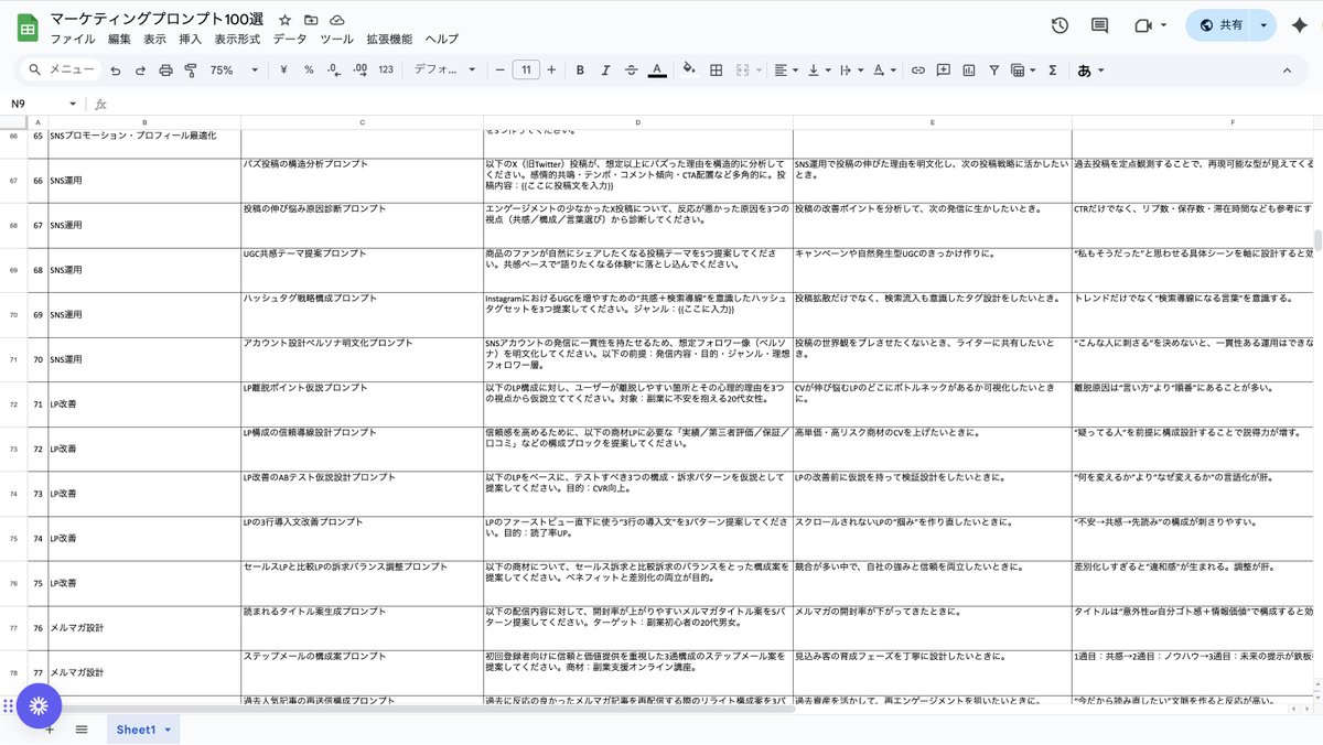 年商20億ベンチャーが実際に使っている
マーケティングプロンプト集(100選)欲しい人いますか？

スプシからコピペすればそのまま使えるので、生産性爆上がりします。

『3日間限定』配布条件
投稿に「いいね」&amp;「リツイート」
リプに「プロンプト」