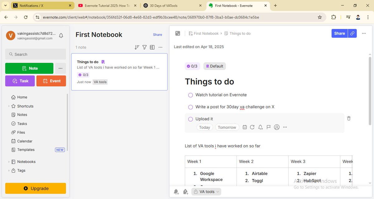 vakingassist's tweet photo. Day 23/30: Evernote

Today, I explored Evernote — a note-taking and organization tool that helps you capture ideas, tasks, and important info all in one place.

- Created my account and set up my workspace

- Created notes and organized them into notebooks https://t.co/987aewpzu4