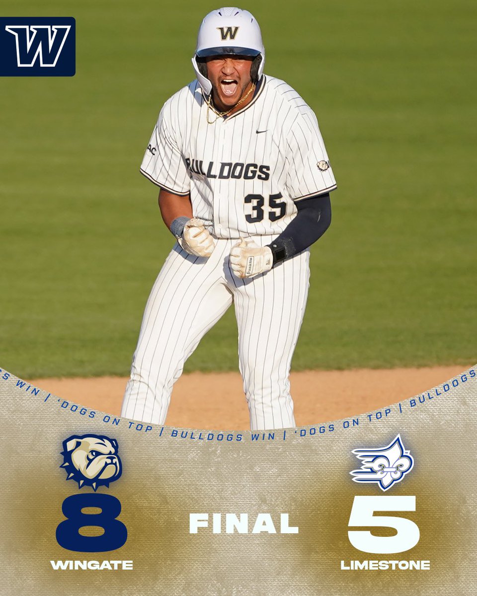 Wingate Bulldogs (@wu_bulldogs) on Twitter photo BULLDOGS WIN!!!!
<a href="/WingateBaseball/">Wingate Baseball</a> scores 4 runs in the 8th inning to rally for an 8-5 victory over Limestone in the series opener!
Dixon had the go-ahead 2-run double; Ishmael & Groppuso added 2 RBI apiece!
Win for Starnes, save for Harvey
#OneDog BULLDOGS WIN!!!!
<a href="/WingateBaseball/">Wingate Baseball</a> scores 4 runs in the 8th inning to rally for an 8-5 victory over Limestone in the series opener!
Dixon had the go-ahead 2-run double; Ishmael & Groppuso added 2 RBI apiece!
Win for Starnes, save for Harvey
#OneDog