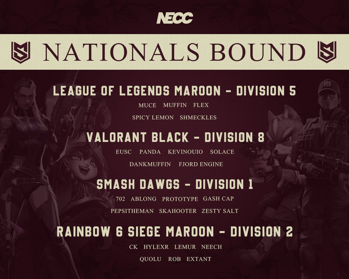 Esports_MSU's tweet photo. NATIONALS BOUND 

Congratulations to our hardworking players for earning spots in NECC Nationals within their divisions! Our four qualified teams will be competing amongst top tier schools in the coming weeks; join our discord to keep updated with game results or livestream announcements.  

#⁠justbetter #hailstate #NECC