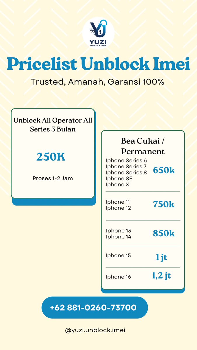 sheffia's tweet photo. Open Jasa Unblock / Unlock Imei ya guyss!!

proses cepat✅
amanah ✅
garansi 100% ✅

wa : 0881026073700
atau link wa bisa di check di bio aku yaww

#zonauang #unblockimei #unlockimei https://t.co/Fv886VF9OS