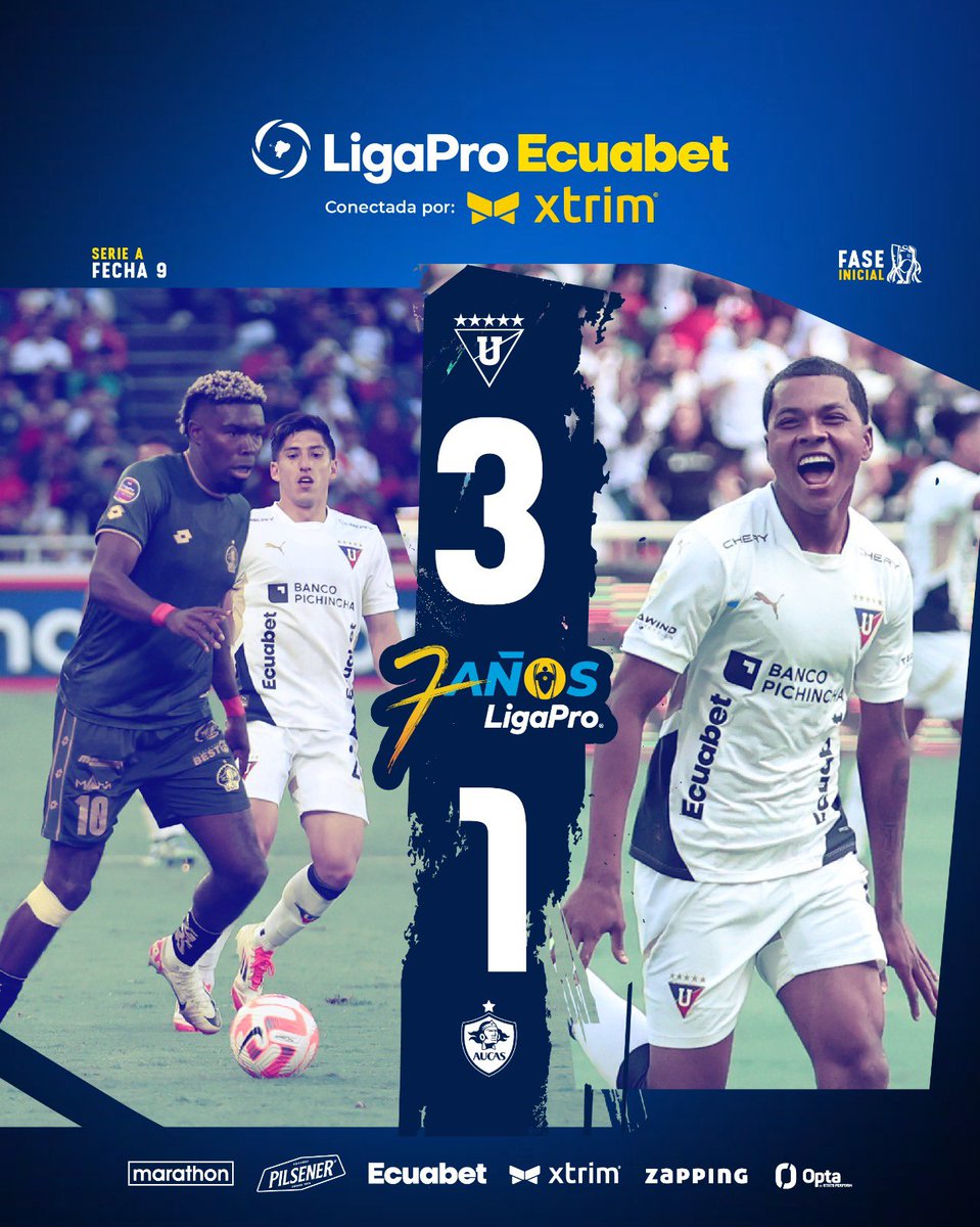 LigaEcuabetec's tweet photo. 📍Final del partido⚽️⠀
⠀
@LDU_Oficial 3️⃣-1️⃣ @Aucas45 

Goles

B. Ramírez 6’
G. Villamíl 43’
M. Estrada 88’

B. Montenegro 73’

#LigaProEcuabetConectadaPorXtrim 🇪🇨💯
#7AñosLigaPro https://t.co/Zp9Vcg3RB6