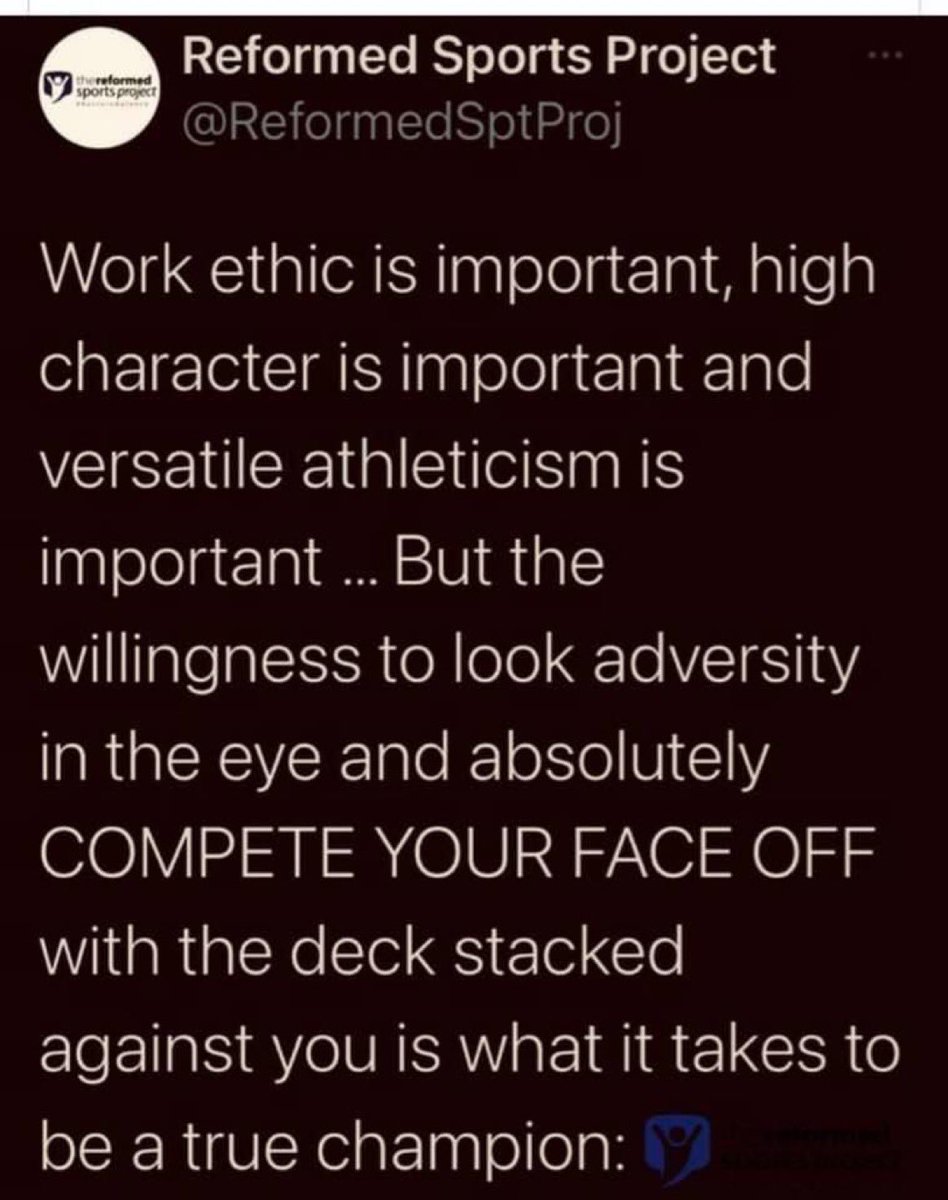 Trent Mongero (@coachmongero) on Twitter photo Never forget this...ever...it defines a champion. Struggles, tough times, bad breaks...it’s all part of the journey. The very nature of sport. So ultimately, success boils down to being a fierce competitor in the face of adversity. Mental toughness. Period.
<a href="/ReformedSptProj/">Reformed Sports Project</a> Never forget this...ever...it defines a champion. Struggles, tough times, bad breaks...it’s all part of the journey. The very nature of sport. So ultimately, success boils down to being a fierce competitor in the face of adversity. Mental toughness. Period.
<a href="/ReformedSptProj/">Reformed Sports Project</a>