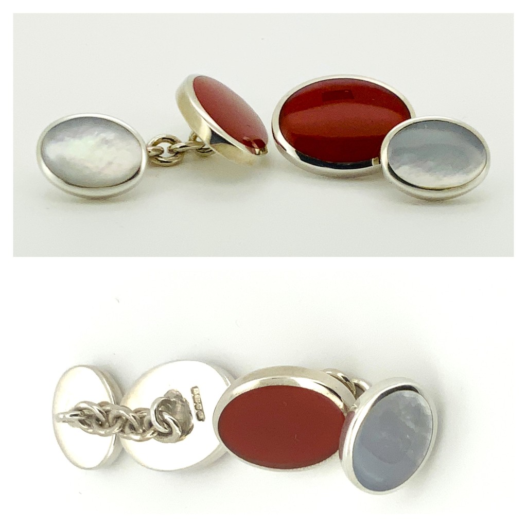 Handmade Carnelian and White Mother of Pearl chain link cufflinks set in sterling silver.

#jewelworkjewellers #handmadejewellery #handmadecufflinks #carneliancufflinks #whitemotherofpearlcufflinks