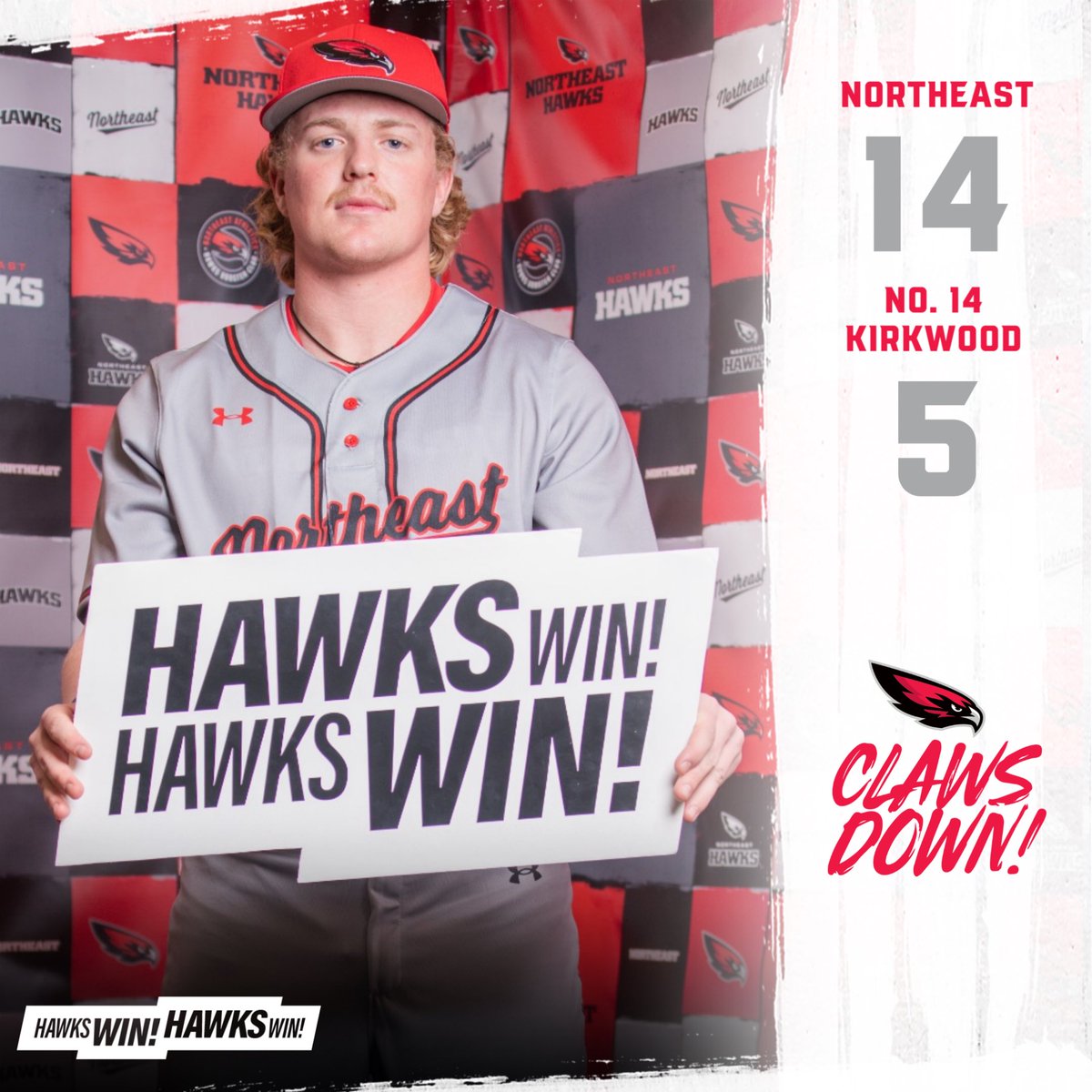 𝙃𝙖𝙬𝙠𝙨 𝙒𝙞𝙣! 𝙃𝙖𝙬𝙠𝙨 𝙒𝙞𝙣!

Northeast secures a huge victory by a final score of 14-5 over No. 14 Kirkwood on the road Friday!

Carter Noakes: 2-4, HR, 3 R, 4 RBI, BB
Brady Fitzpatrick: 3-6, 2B, R, 3 RBI
Max Denson: 4 IP, 1 H, 2 ER, 8 K

#ClawsDown | 🔴⚫️⚪️⚾️
