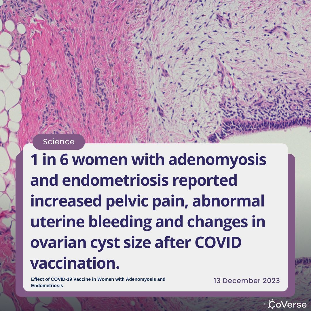 A peer-reviewed study found that women with adenomyosis and endometriosis may be more likely to experience side effects, such as abnormal bleeding, increased pelvic pain, or ovarian cyst growth, after COVID-19 vaccination. Notably, some patients with endometriomas had significant