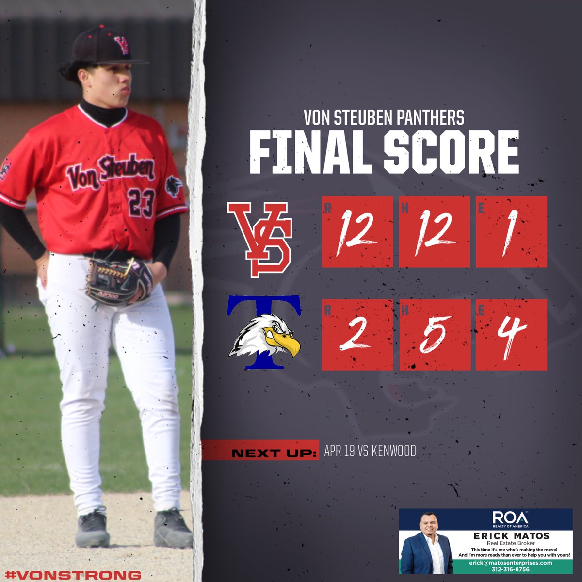 von_athletics's tweet photo. Von finally plays some defense and takes game 2 of the series at Taft. Christian Kobayashi complete game on mound and 4 rbi at bat. Kayin Timble and Matteo Banuelos (3 hits each). George Allen and Luke Johnston went yard for Von. @mikeclarkpreps @cplathletics @vonsteubenmsc https://t.co/shE2z52ewo