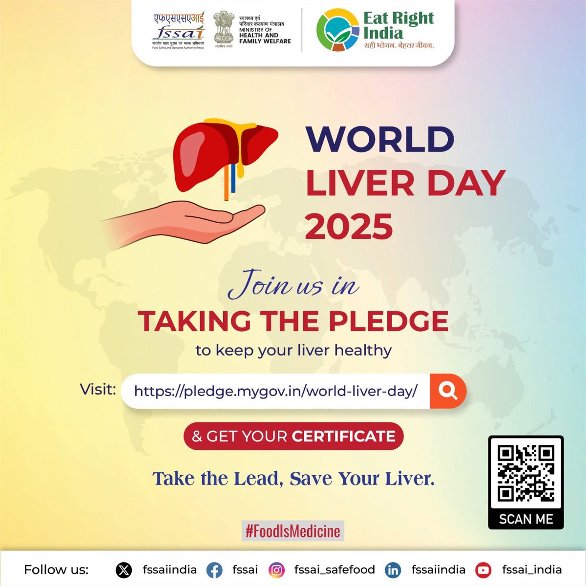 fssaiindia's tweet photo. Join us in taking the pledge on #WorldLiverDay !
Scan the QR code or visit: https://t.co/JR4ipnJy51 to get your certificate.
Let's unite for a fitter, healthier India by committing to liver health. #FoodIsMedicine #ReduceOilIntake  @PMOIndia @JPNadda @MoHFW_INDIA https://t.co/qdjEnp5GMW