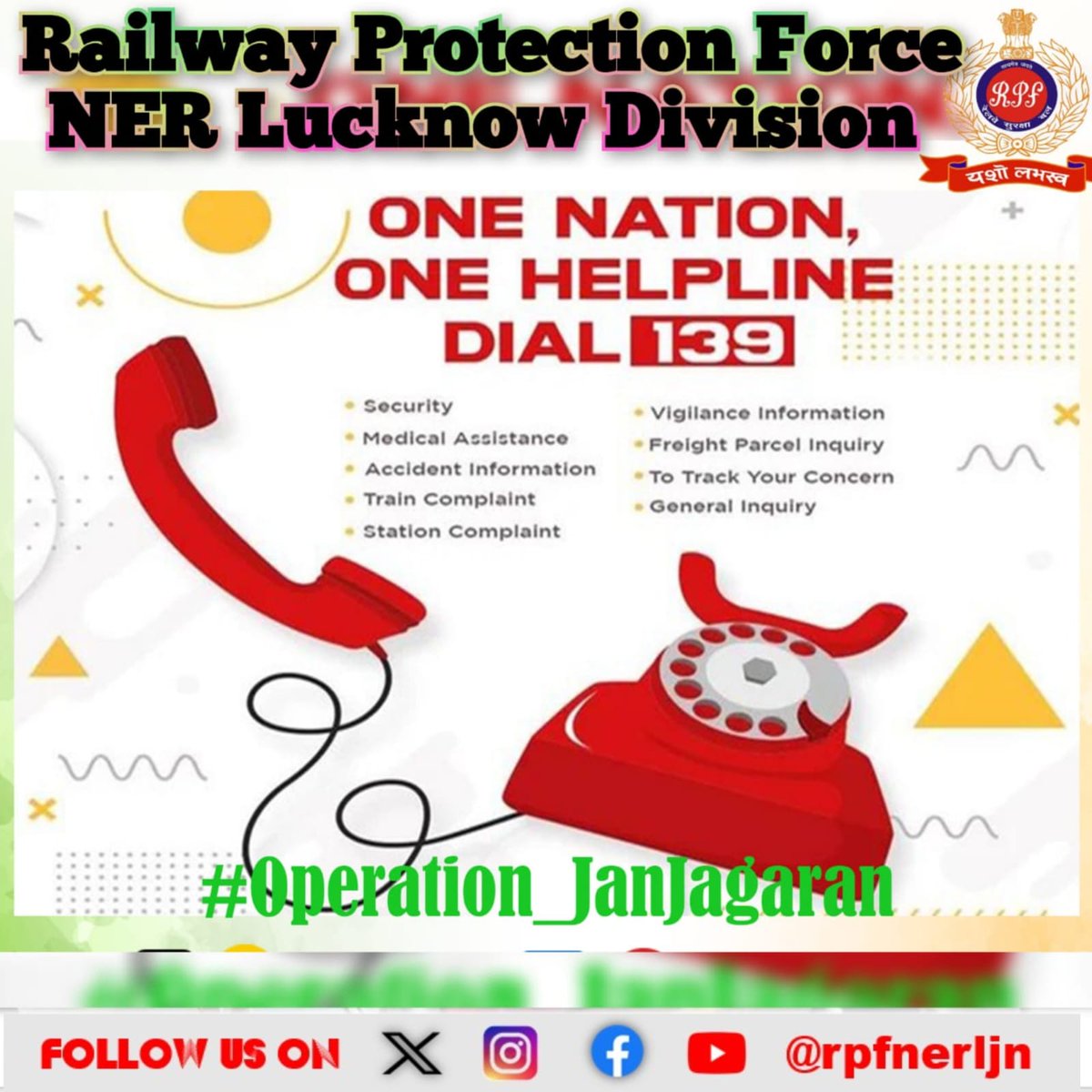 rpfnerljn's tweet photo. *Got an issue during your journey?*  
Dial *Rail Madad📞* Integrated *Helpline number 139* and seek answers to all your queries/concerns during your Train journey🚇.
 #Dial139 
#IndianRailways #StayAlert #StaySafe @drmljn 
@RPF_INDIA 
@rpfner 
#TickettoSuraksha
@RailMinIndia https://t.co/5Xs93brVSo