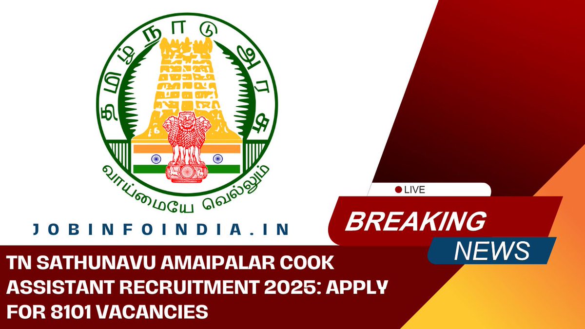 Jobinfoindia's tweet photo. TN Sathunavu Amaipalar Cook Assistant Recruitment 2025: Apply for 8101 Vacancies https://t.co/la92xCM5ST https://t.co/ebtv9EYxyz
