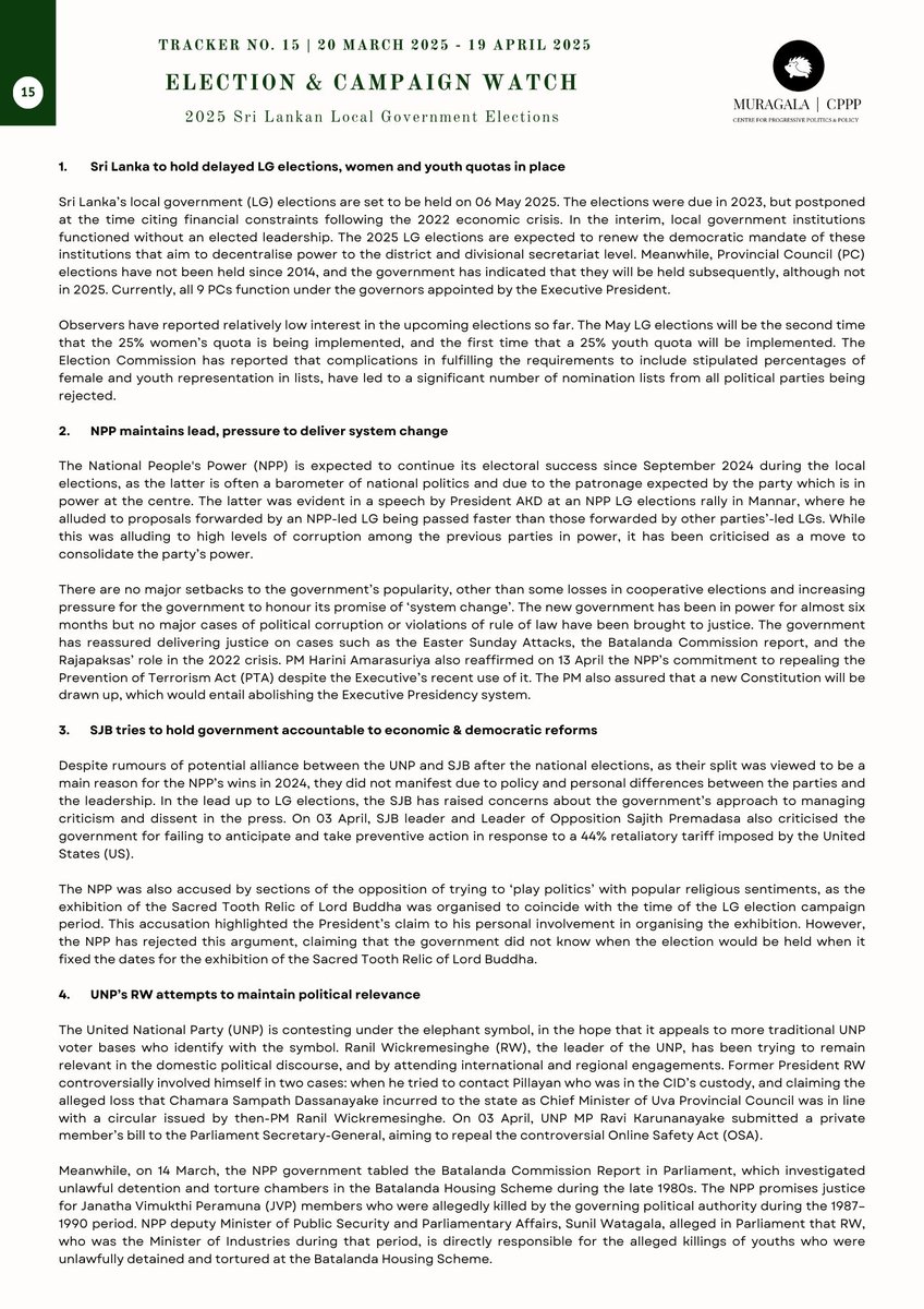Muragala: Centre for Progressive Politics & Policy (@muragala_cppp) on Twitter photo š<a href="/Muragala_CPPP/">Muragala: Centre for Progressive Politics & Policy</a>'s campaign and elections tracker (Tracker No. 15) from 20 March to 19 April 2025 on campaigns, parties, and trends for the May 2025 LG elections in Sri Lanka.
Download at muragala.lk/articles/campaā¦
#SLPolitics
#SLLGElections2025 š<a href="/Muragala_CPPP/">Muragala: Centre for Progressive Politics & Policy</a>'s campaign and elections tracker (Tracker No. 15) from 20 March to 19 April 2025 on campaigns, parties, and trends for the May 2025 LG elections in Sri Lanka.
Download at muragala.lk/articles/campaā¦
#SLPolitics
#SLLGElections2025