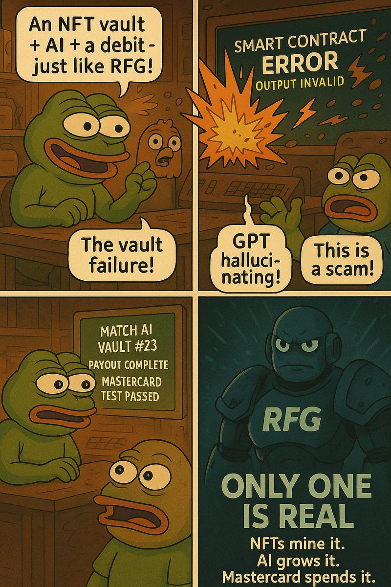 LilianInCrypto's tweet photo. $PEPE launched a copy.  
$DOGE stayed quiet.  
$RFG? Deployed vaults. Activated Mastercard. Still burning.

NFTs aren’t JPEGs.  
AI isn’t chat.  
This isn’t a vibe.  
It’s infrastructure.

Welcome to Meme 3.0.  
Only one is real.  
#RFG #Meme3 #Next100x #AI #Crypto https://t.co/3A16QiKIkV