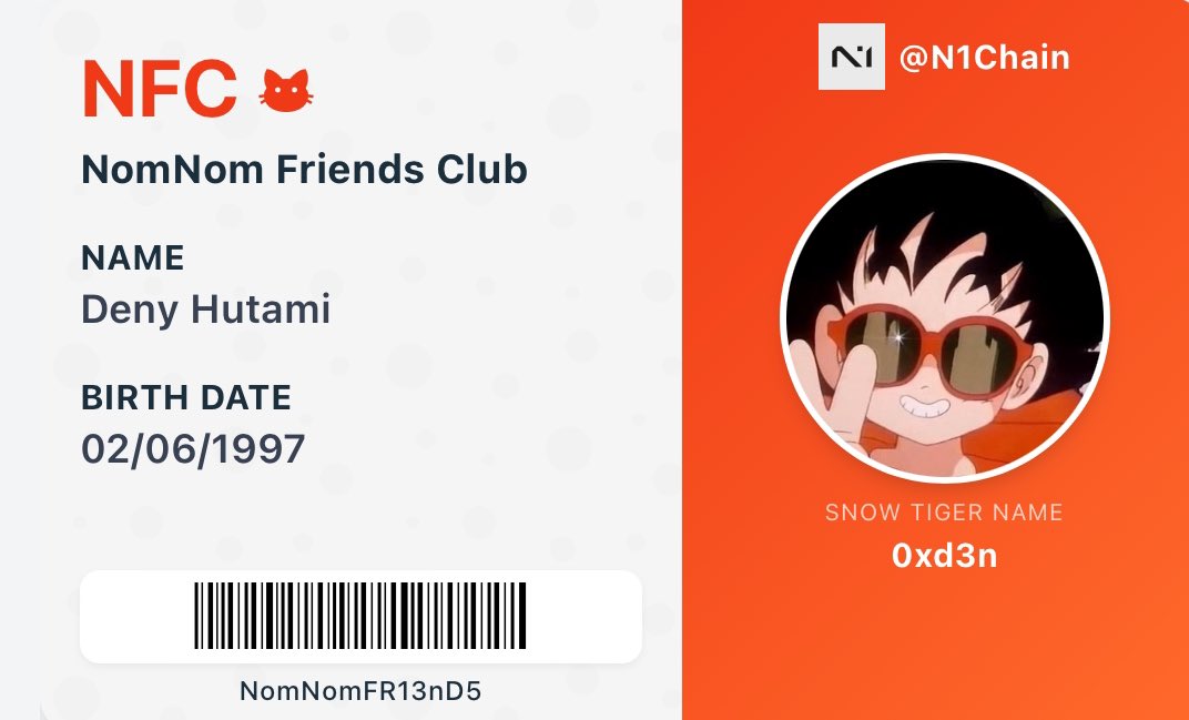0xD3n's tweet photo. Excited to join @N1Chain’s NomNom Friends Club 🐯 
My NFC ID card is ready – 300k TPS, ms latency, &amp; next-gen blockchain vibes!l

@JulesXBT
https://t.co/jYVaauKB18 https://t.co/CmQUbvqq84