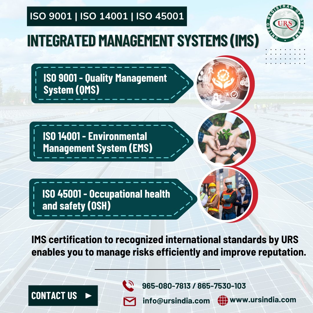 urs_certificate's tweet image. Integrated management systems (IMS) certification is a holistic approach that combines multiple aspects of an organisation’s performance to meet the requirements of several management system standards.

#integratedmanagementsystem #IMS #iso9001 #iso45001 #iso14001 #iso
