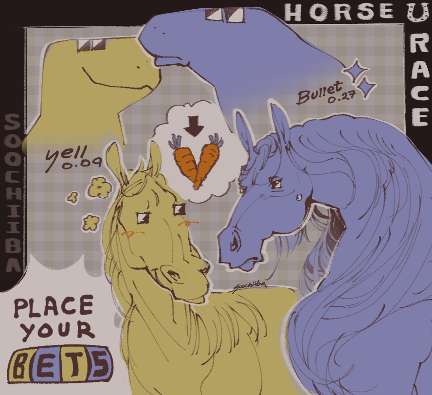 Soochiiba's tweet photo. place your bets. 
wife loved the silly yellow equine. #horseracetests https://t.co/ayTkCirFiR