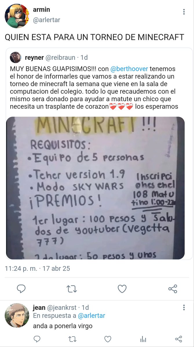 maespon's tweet photo. — mini #aruani au

donde reiner y bertholdt organizan un torneo de minecraft para juntar plata con un premio bastante interesante

o donde armin es un niño rata que solo quiere un saludo de vegetta777 https://t.co/i5vLuhy0vc