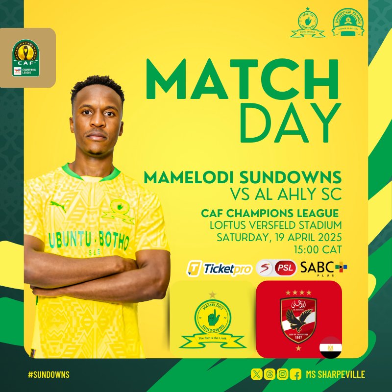 MS_Sharpeville's tweet photo. ๐ ๐๐ง๐๐ ๐๐๐ฌ
๐ Al Ahly SC ๐ช๐ฌ
๐ 19 April 2025
๐ #TotalEnergiesCAFCL
๐๏ธ Loftus Versfeld Stadium
โ๏ธ 15:00
#Sundowns ๐ #TotalEnergiesCAFCL #SUNASC ๐ฟ๐ฆ๐ช๐ฌ https://t.co/y0DseFaTUQ