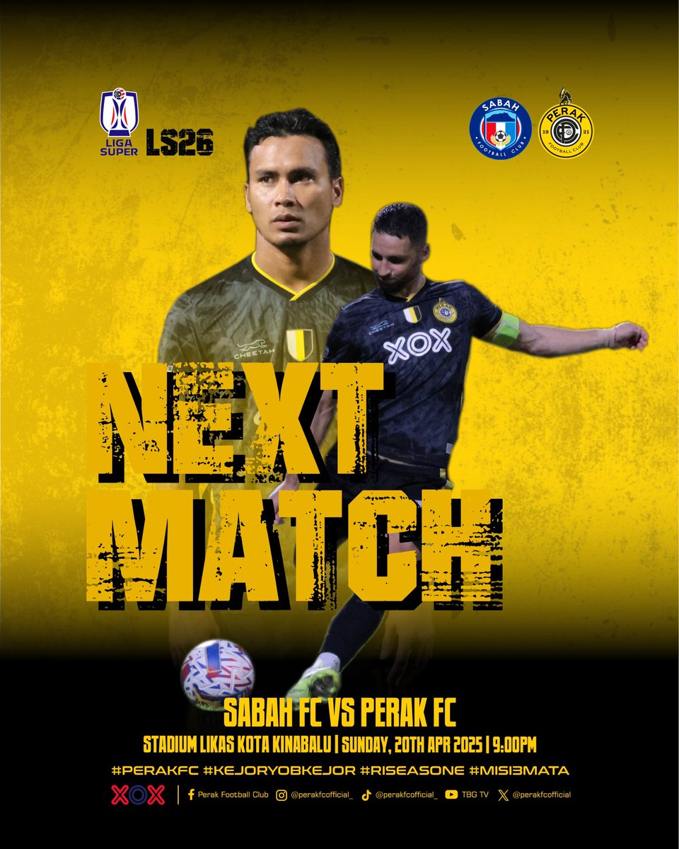 𝗡𝗘𝗫𝗧 𝗠𝗔𝗧𝗖𝗛 !

🏆 LIGA SUPER 2024/25 (LS26)
⚽️ Sabah FC 🆚 PERAK FC
📆 AHAD, 20 APR 2025
⏱️ 9:00 Malam
🏟️ Stadium Likas
📡 Astro Arena Bola 2 (CH804) 

🤍💛🖤

#SABvPRK