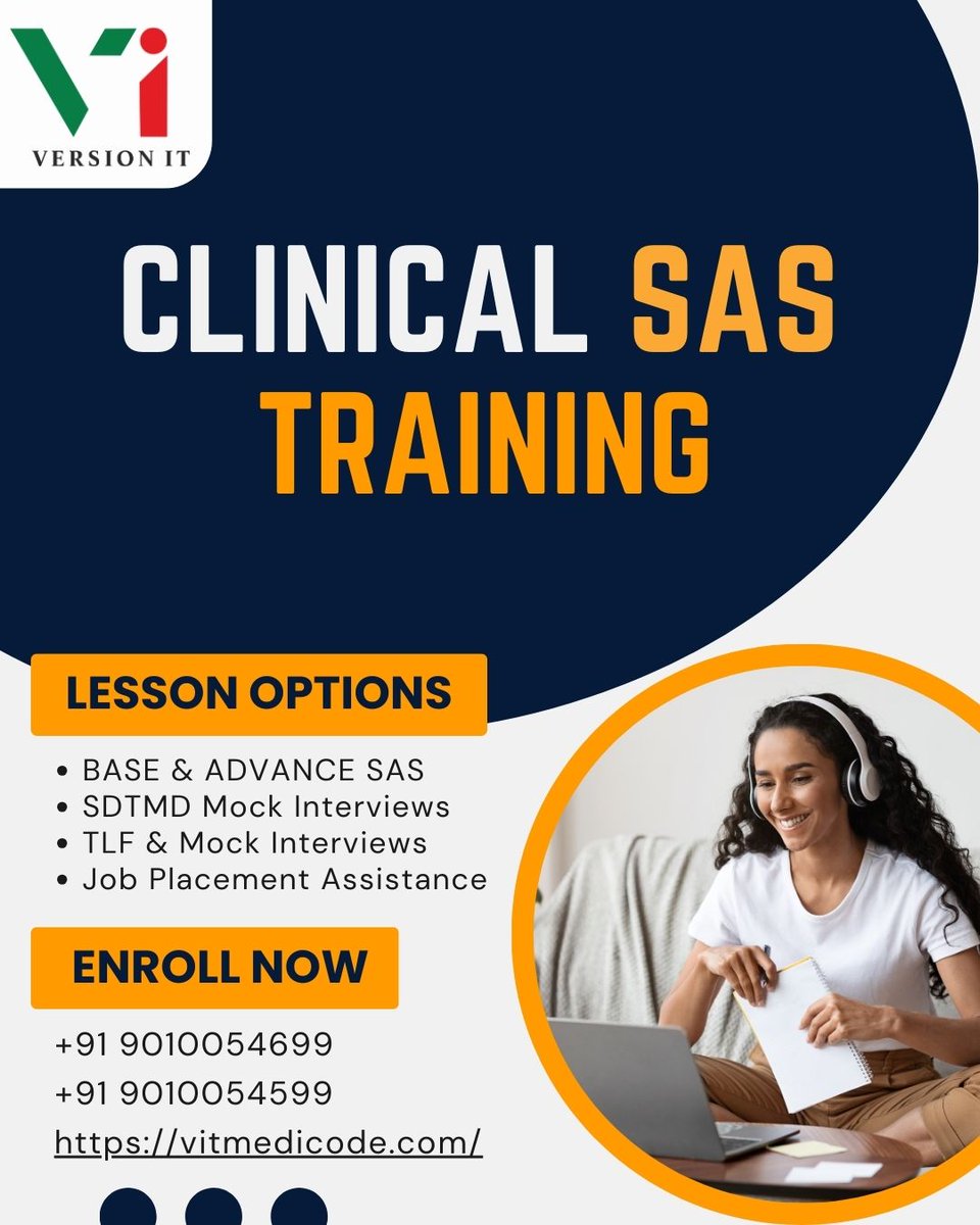 vit_medicode's tweet image. Kickstart Your Career in Clinical Research with SAS!
Join Version IT’s Clinical SAS Training Program – your gateway to the booming pharmaceutical and healthcare analytics industry!

Call +91 9010054699 / 9010054599
Visit: vitmedicode.com/clinical-sas-t…

#ClinicalSASTraining #VersionIT