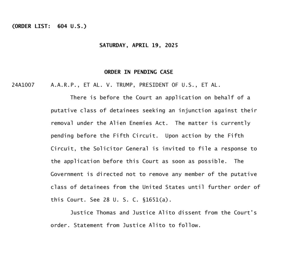 kyledcheney's tweet image. BREAKING: The Supreme Court has blocked the Trump administration from deporting foreign nationals under the Alien Enemies Act. Thomas, Alito dissent.
