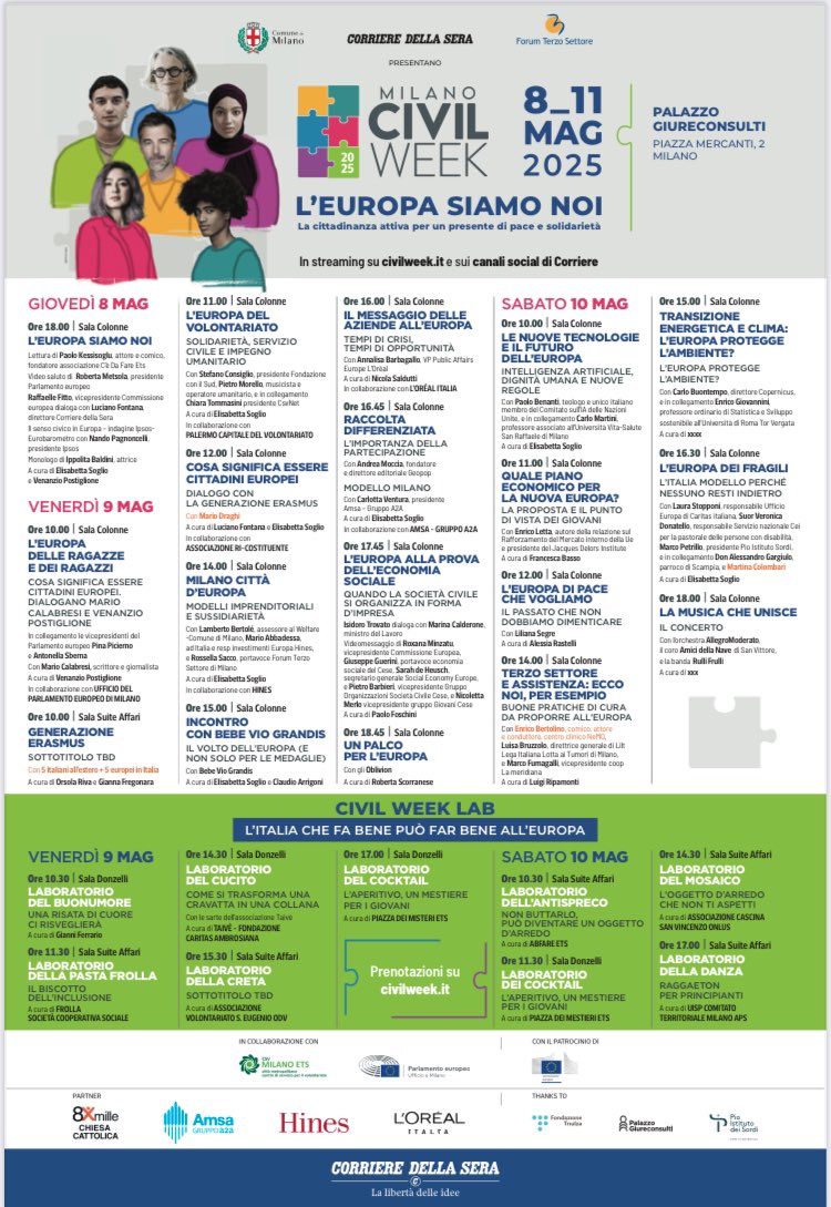 L’Europa siamo Noi é il tema della #MilanoCivilWeek2025  📅 8-11 Maggio eventi.corriere.it/milano-civil-w… <a href="/CSOGroupEESC/">Civil Society Organisations' Group of the EESC</a> <a href="/EU_EESC/">European Economic and Social Committee</a> <a href="/EESC_PRESS/">EESC PRESS</a> <a href="/SocialEcoEU/">Social Economy EU</a> <a href="/RoxanaMinzatu/">Roxana Mînzatu</a> <a href="/MinLavoro/">Ministero Lavoro</a> <a href="/pietrovbarbieri/">Pietro V. Barbieri</a> <a href="/forumterzosett/">Forumterzosettore</a> <a href="/Confcooperativ1/">Confcooperative</a> <a href="/ConfcoopUE/">ConfcoopUE</a> <a href="/CorriereBN/">CorriereBuoneNotizie</a> <a href="/foschinipaolo/">Paolo Foschini</a> <a href="/EliSoglio/">Elisabetta Soglio</a>