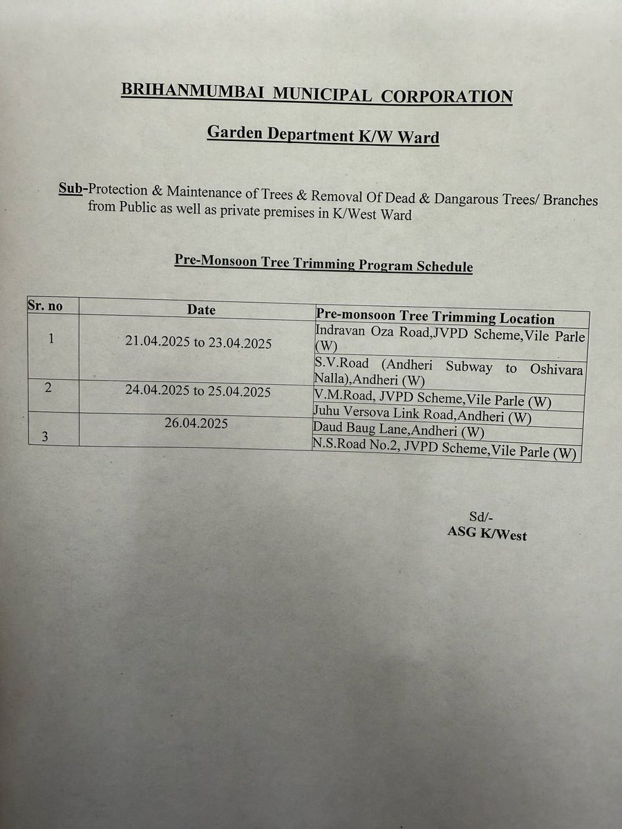 mybmcwardKW's tweet image. 🌳 BMC K-West Ward (Andheri West) announces Pre-Monsoon Tree Trimming Drive! 🌳

📅 Schedule: 21st–26th April 2025
🚧 Please avoid parking on scheduled roads for cleanliness &amp;amp; safety. Your cooperation is appreciated. 

#TreeTrimming 
#Andheriwest
#BMC