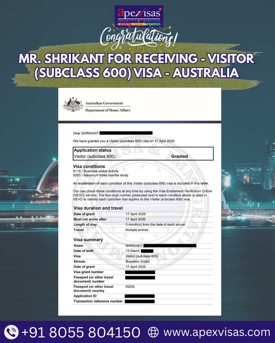 VisasApex's tweet image. 🎉Mr. Shrikant’s Visitor (#Subclass600) Visa for #Australia is approved!👏
Ready to start your Australia #Adventure? 🦘#ApexVisas
apexvisas.com | +91 8055 804150

#AustraliaDream #StartYourJourney #ExploreAustralia #VisaSuccess #MigrationGoals