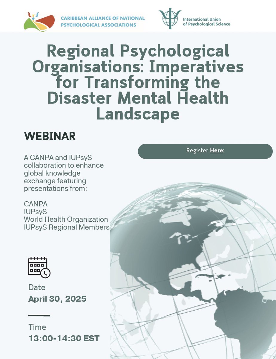 A webinar, Regional Psychological Organisations: Imperatives for Transforming the Disaster Mental Health Landscape, will take place on April 30, 2025, from 13:00-14:30 EST. Further details can be viewed online: iupsys.net/webinar-region…