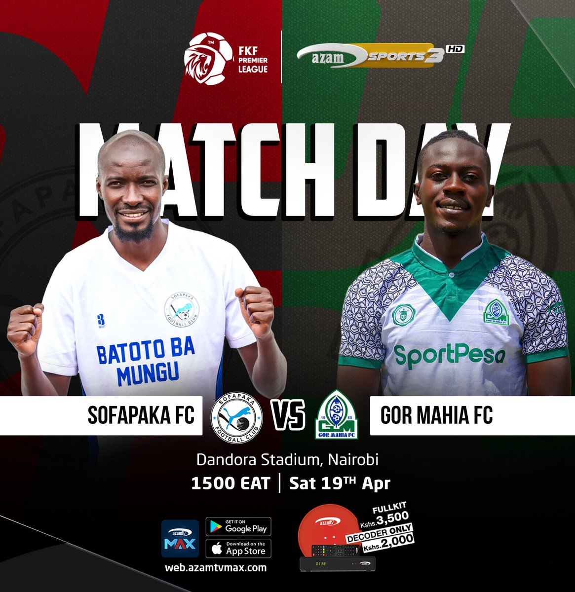 AzamTV Kenya (@azamtvkenya) on Twitter photo Dandora L-O-V-E <a href="/Officialfkfpl/">FKF Premier League</a> <a href="/gormahiafcke/">Gor Mahia FC Ke</a> vs <a href="/FC_Sofapaka/">Sofapaka FC</a>
Saa 15:00EAT <a href="/iamalisalim/">iamalisalim</a> <a href="/Momanyielijah01/">Momanyi Elijah01(Nyaribari Chache Finest )</a> @CharlesOnyango <a href="/Zani_Mohaa/">Zani Mohammed</a> <a href="/azamtvtz/">Azam TV</a> <a href="/digographer/">Matano_Mwinyi</a> #FootballKE #fkfpremierleague #AzamTvBurudaniKwaWote Dandora L-O-V-E <a href="/Officialfkfpl/">FKF Premier League</a> <a href="/gormahiafcke/">Gor Mahia FC Ke</a> vs <a href="/FC_Sofapaka/">Sofapaka FC</a>
Saa 15:00EAT <a href="/iamalisalim/">iamalisalim</a> <a href="/Momanyielijah01/">Momanyi Elijah01(Nyaribari Chache Finest )</a> @CharlesOnyango <a href="/Zani_Mohaa/">Zani Mohammed</a> <a href="/azamtvtz/">Azam TV</a> <a href="/digographer/">Matano_Mwinyi</a> #FootballKE #fkfpremierleague #AzamTvBurudaniKwaWote