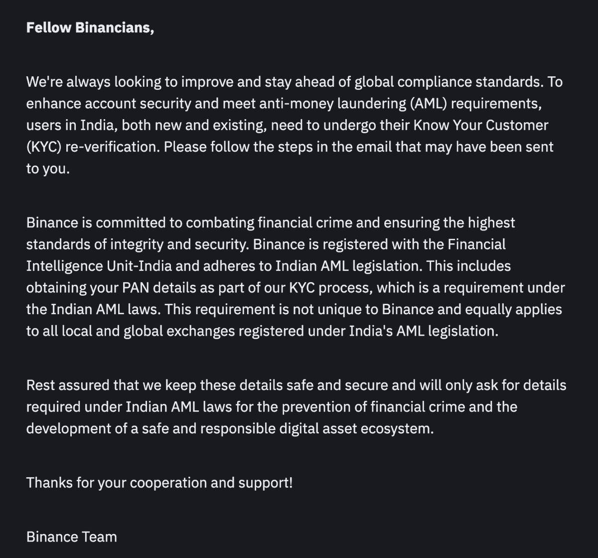NEW: 🇮🇳 #Binance starts KYC re-verification for all Indian users to  comply with AML regulations.
