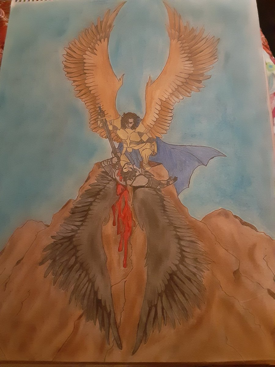 CampaignMisty's tweet photo. #art #arts #drawing #artshare #artwork 
I'm finally done, this is my interpretation of Ark Angel Michael vanquishing Lucifer.

The idea of this piece is that the wings of Lucifer are the shadows of the wings of Michael

My current skills don't do this concept justice. https://t.co/9HaPzp8TYN