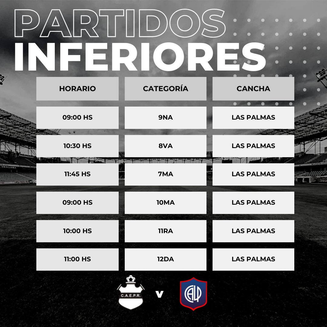 oficial_caepr's tweet photo. ⚽ ¡Nueva jornada de competencia para nuestras inferiores!

Este sábado 19 de abril, por la 5ta fecha de la Zona Platino, jugamos ante Las Palmas:

���� En Escuela
👉 4ta, 5ta y 6ta
🏟 En Las Palmas
👉 7ma, 8va, 9na, 10ma, 11ra y 12da

¡Vamos, Escuela! 🖤🤍

#Inferiores #CAEPR https://t.co/Rd4RDXiYIo