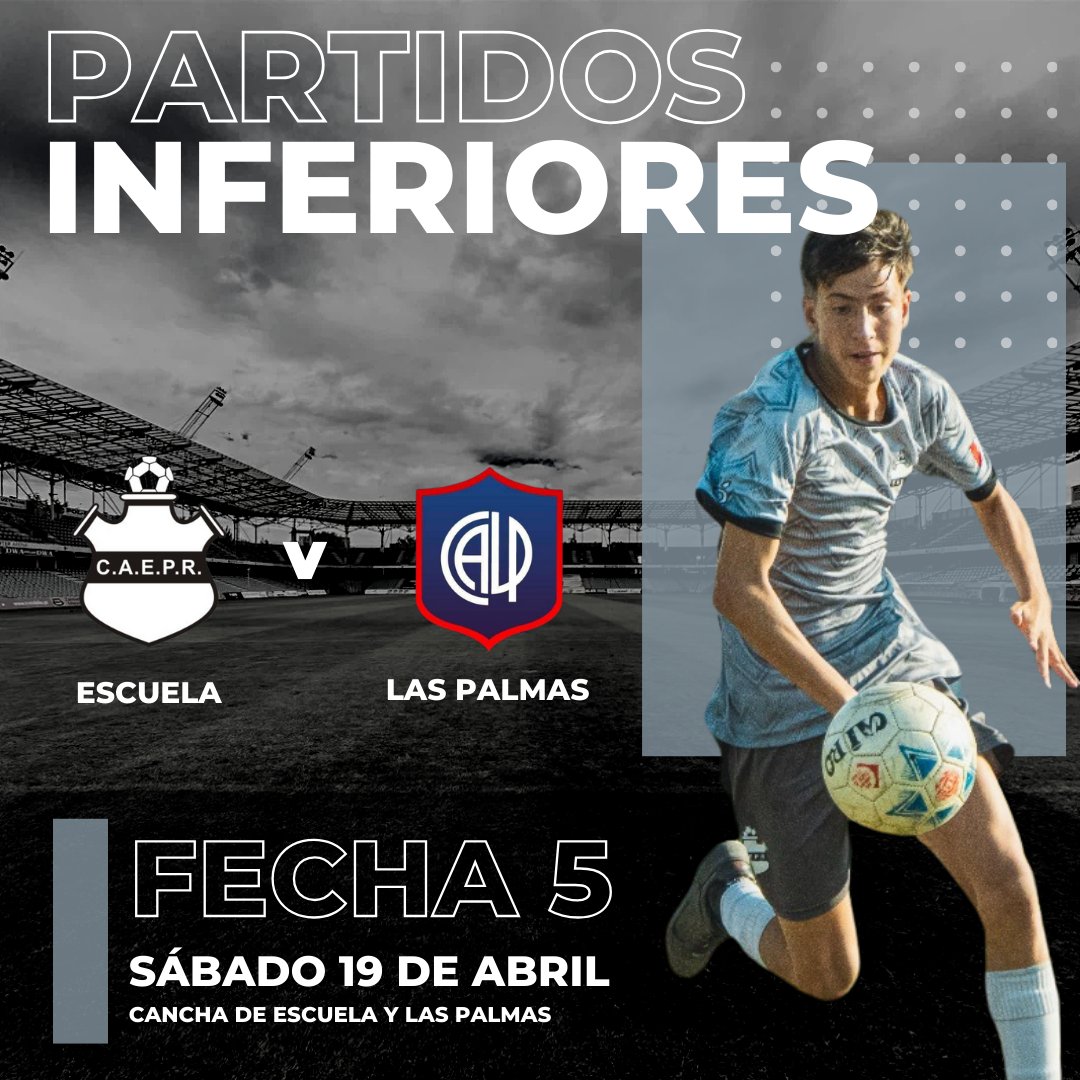 oficial_caepr's tweet photo. ⚽ ¡Nueva jornada de competencia para nuestras inferiores!

Este sábado 19 de abril, por la 5ta fecha de la Zona Platino, jugamos ante Las Palmas:

���� En Escuela
👉 4ta, 5ta y 6ta
🏟 En Las Palmas
👉 7ma, 8va, 9na, 10ma, 11ra y 12da

¡Vamos, Escuela! 🖤🤍

#Inferiores #CAEPR https://t.co/Rd4RDXiYIo