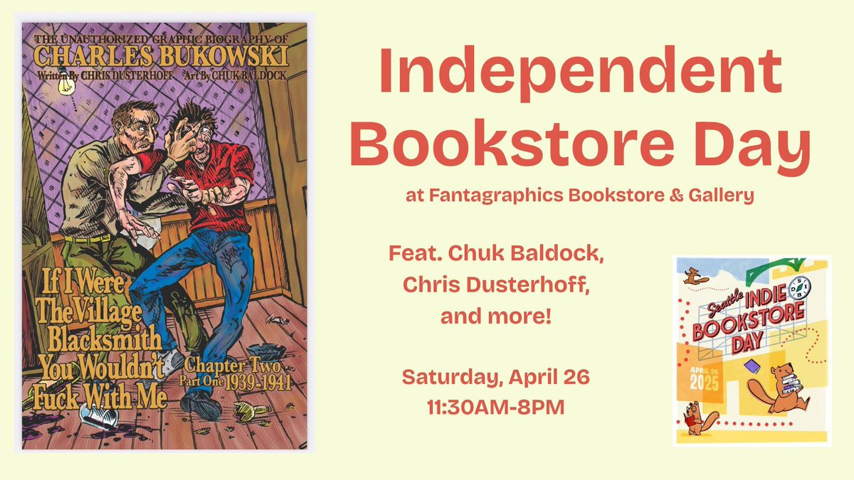 Fantagraphics Bookstore observes Seattle Indie Bookstore Day on April 26 with “Speed Readings” from SPREAD contributors including Stacey Levine, Willie Smith, Cristie Coffing, Hamish Todd, Matt Briggs, Eric Acosta, L.E. Cornelison, David Post, and more. 

seattlebookstoreday.com