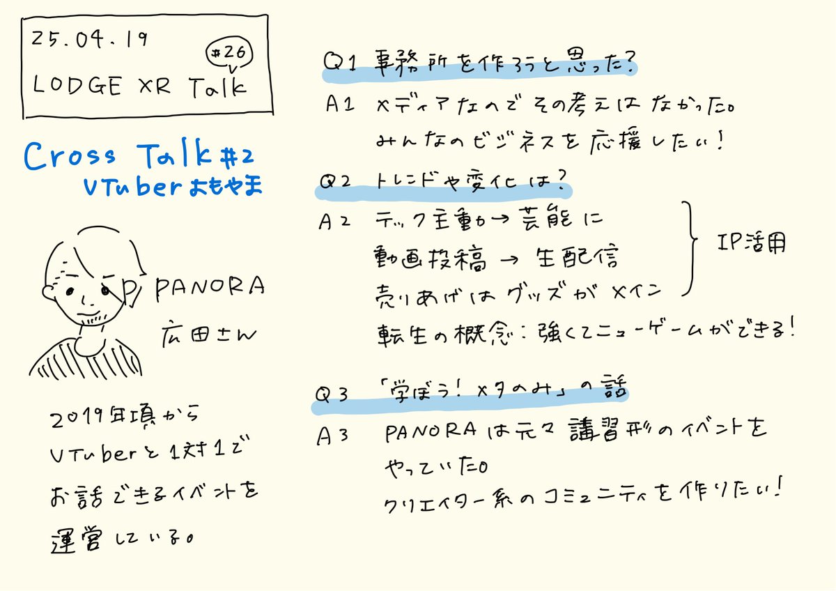 omeme_1231's tweet image. 遅れて参加💦

Cross Talk #2 に間に合ったよ！
PANORAの広田さん(@kawauso3 )による「VTuberよもやま話」👀
テック主導から芸能主導に、動画投稿から生配信でのコミュニティ形成に...
トレンドの変化をお聞きしました✨

 #LODGEXRTalk 
 #はいえろノート