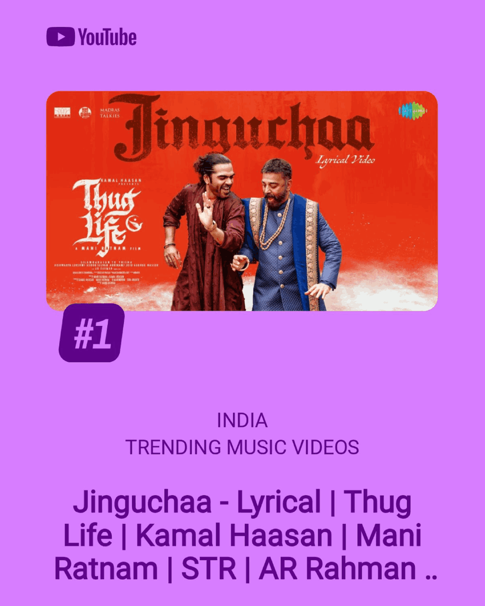 saregamasouth's tweet photo. #Jinguchaa Jingu Jingu Chaa is trending at #1 on YouTube Music Videos in India and UAE 😍🔝

➡  https://t.co/XOQNuYOflI

#ThugsWeddingAnthem #ThugLifeFromJune5 #ThugLife

A #ManiRatnam Film

An @arrahman Musical

A @ikamalhaasan Lyrical

@SilambarasanTR_ #Mahendran @bagapath @trishtrashers @AishuL_ @AshokSelvan @abhiramiact @C_I_N_E_M_A_A  #Nasser @manjrekarmahesh @TanikellaBharni #Vadivukkarasi  #ChinniJayanth #vaiyapuri  #Bagavathiperumal #Baburaj @alifazal9 @rohitssaraf @arjunchdmbrm #Chetan @rajshriartist  #SrikanthMenon #NithyaShri @MShenbagamoort3 @RKFI @MadrasTalkies_ @RedGiantMovies_ @turmericmediaTM @APIfilms @homescreenent @dop007 @sreekar_prasad @anbariv @krutimahesh #SharmishtaRoy @amritharam2 @ekalakhani @AmbadyRanjith @AkihitoSculpt  @Monesh_H @gopiprasannaa @magizhmandram @ShakthisreeG @vaishaliisamant @AdithyarkM @NetflixIndia @Netflix_INSouth @idiamondbabu @prosathish  @S2MediaOffl @vamsikaka  @propratheesh @vaisakh_c_ @PROHarisarasu