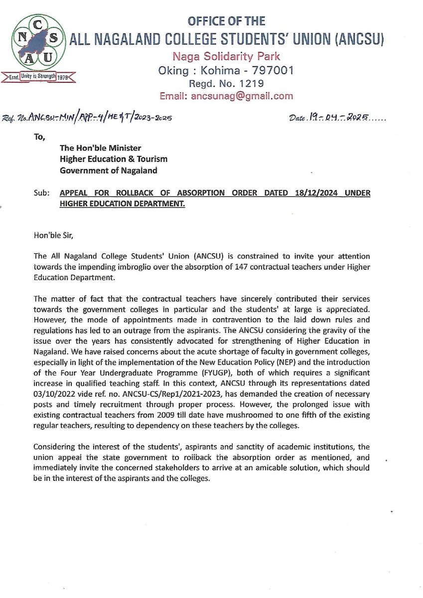 ANCSUOFFICIAL's tweet photo. ANCSU Appeal-Minister HE &amp; T for Rollback of Absorption order dated 18/12/2024 under Higher Education Department. https://t.co/uJ5hxCoqPB