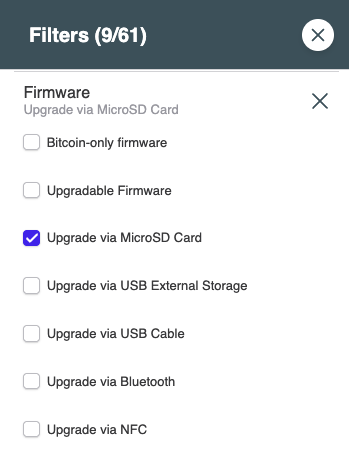 Added some improvements to the Hardware Wallets comparison. Now you can filter wallets by the Firmware Upgrade method: MicroSD card, USB Storage, USB Cable, Bluetooth or NFC.

thebitcoinhole.com/hardware-walle…