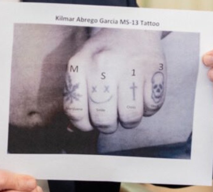 Dads1stTime's tweet image. My guy. If you're gonna photoshop "MS-13" on his knuckles, maybe don't use the same font as his typed name above it
And maybe, choose a font color that's closer to the tattoos and NOT the same color as the font above
The White House can't even hire qualified graphic designers