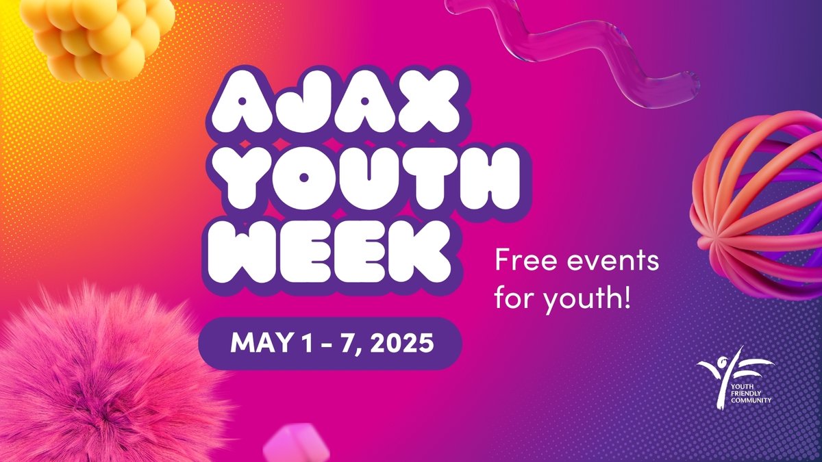 Celebrate Ajax Youth Week with FREE events happening May 1-7:

🏀 Drop-in Basketball
🎨 Drop-in Mixed Media Art 
🛹 Drop-in Skateboarding Basics
🏆 Youth Excellence Awards

🍕 On May 7, enjoy an evening of fun, food, &amp; giveaways at the Youth Week Pizza Party at each Youth Hub