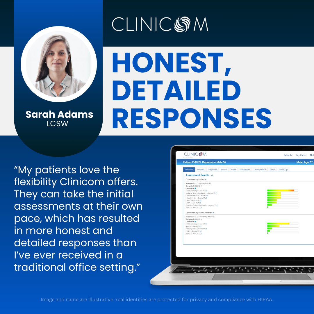 Sarah receives more honest, detailed patient responses with Clinicom's flexible assessments. Learn More at clinicom.com

#PatientResponses #FlexibleAssessments #Clinicom