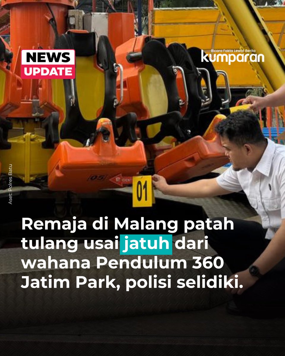 Seorang remaja berusia 14 tahun berinisial RDP mengalami kecelakaan saat menaiki wahana Pendulum 360 di Jatim Park 1, Kota Batu, pada Selasa (8/4). #newsupdate #update #news #oneliner #bicarafaktalewatberita #kumparan kum.pr/grl63bv1qq