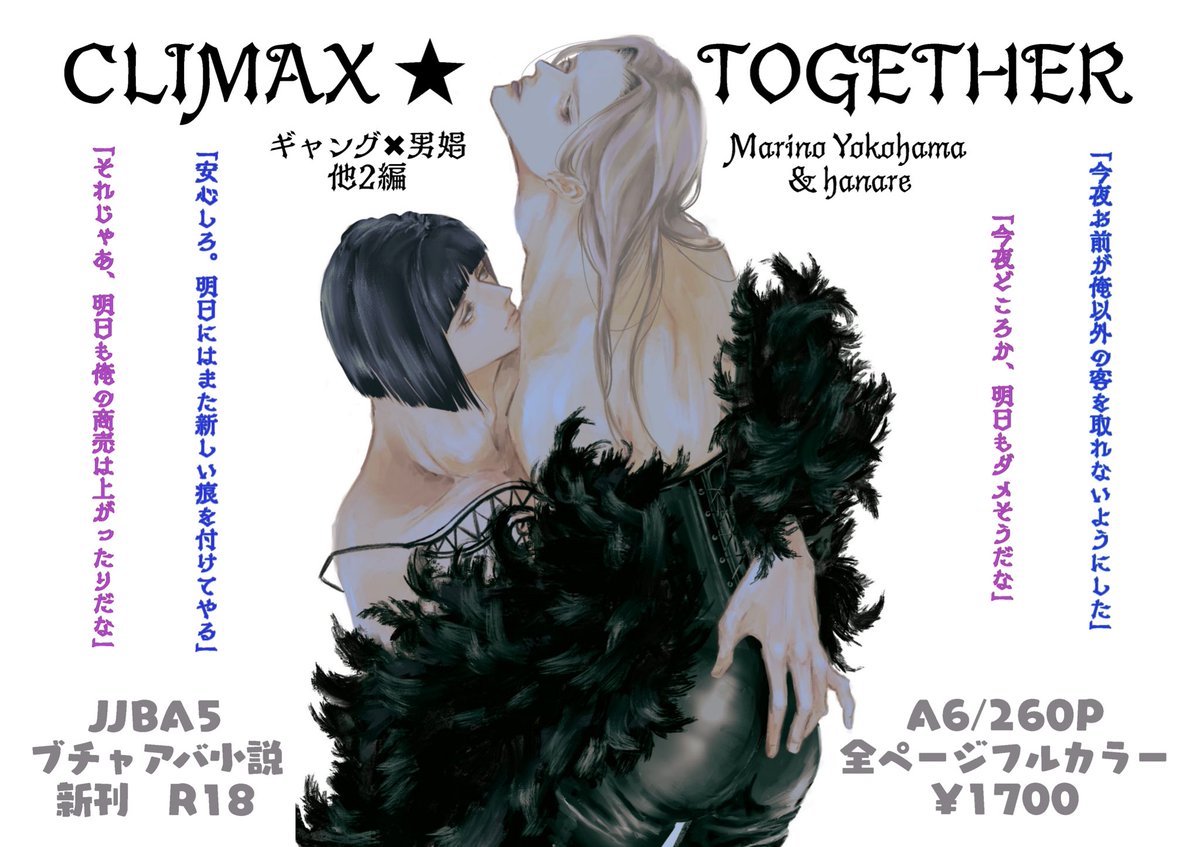 2025/05/03 スパザワ新刊
『CLIMAX ★ TOGETHER 』
hanare <a href="/hnr870/">hanare</a> さんのイラストからインスパイアされて生まれた2篇と新規イラストを描き下ろして頂いたギャング✖︎男娼の表題作を収載。本誌オビコピーは真黒<a href="/magurosuky/">マグロスキー　5／6西アトリウムト40a</a> さんにご協力頂きました。お陰様で超素敵に仕上がり、感無量…✨
