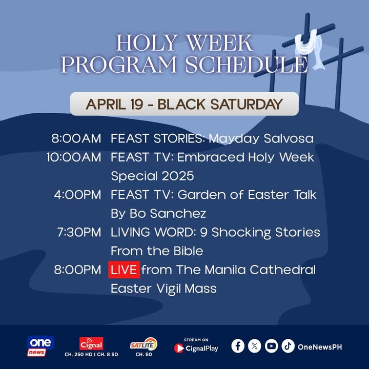 ralphierce's tweet image. Here&apos;s the Black Saturday schedule across the Mediaquest networks.

One PH and One News will still focus on religious programming, but #FrontlineWeekend will air on TV5 this afternoon along with morning and afternoon editions of #News5Alerts.