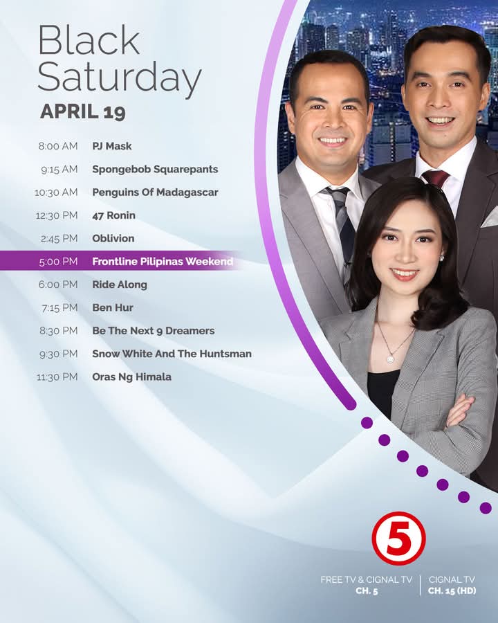 ralphierce's tweet image. Here&apos;s the Black Saturday schedule across the Mediaquest networks.

One PH and One News will still focus on religious programming, but #FrontlineWeekend will air on TV5 this afternoon along with morning and afternoon editions of #News5Alerts.